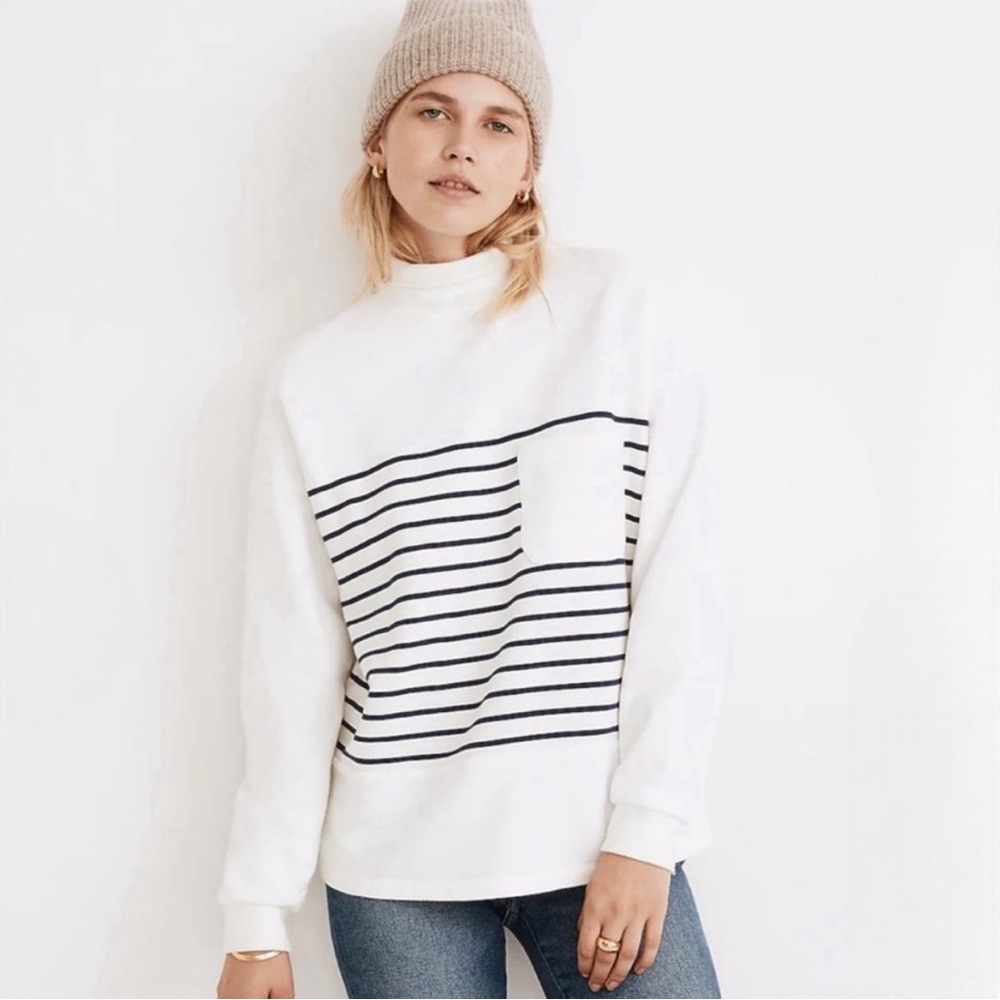 Madewell (Re)sourced Cotton Mockneck Pocket Sweatshirt Fisherman Stripe Size XS